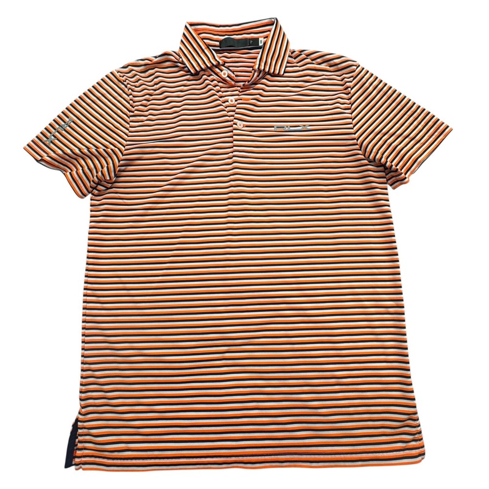 RLX Ralph Lauren Polo Shirt Men Medium Orange Striped Split Hem Golf Performance